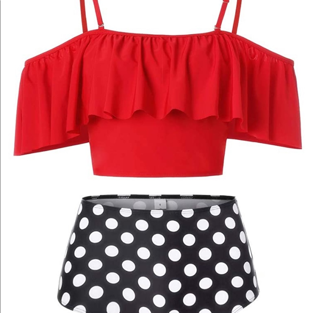 Off the shoulder red and polka dot bikini